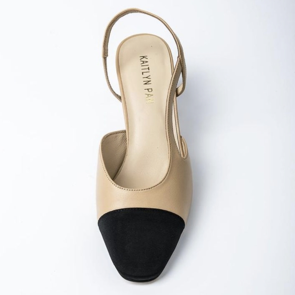 Kaitlyn Pan Women's Beige and Black Lambskin Leather Slingback Mid Heel - Picture 3 of 7